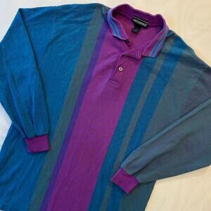 🍇 Vintage 90s Vertical Stripe Polo Shirt L Purple Teal Grunge Skater